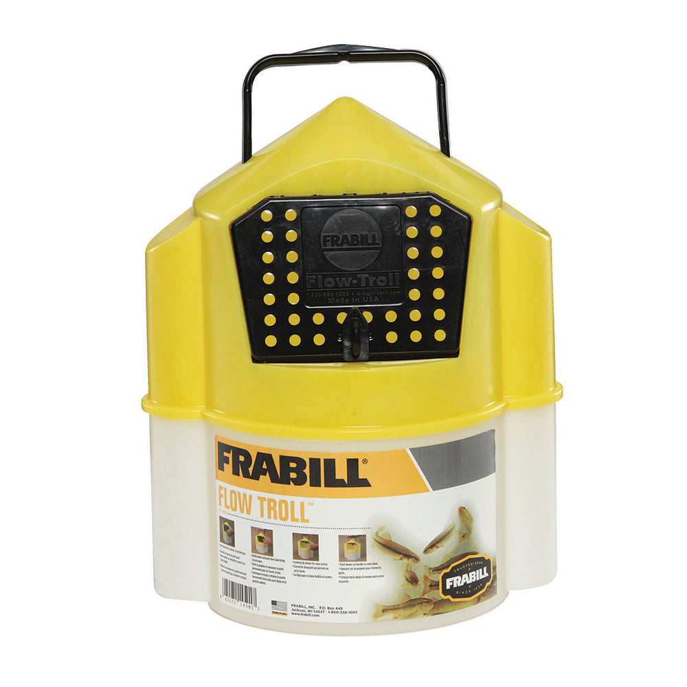 Frabill Flow Troll Bucket 6 Quart bait management bucket for fishing, with a sturdy handle and clear design for bait storage.