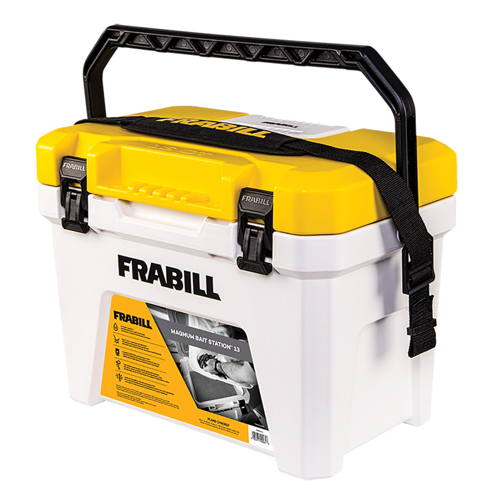 Frabill Magnum Bait Station 13 Quart bait management container with lid for fishing bait storage and transportation.