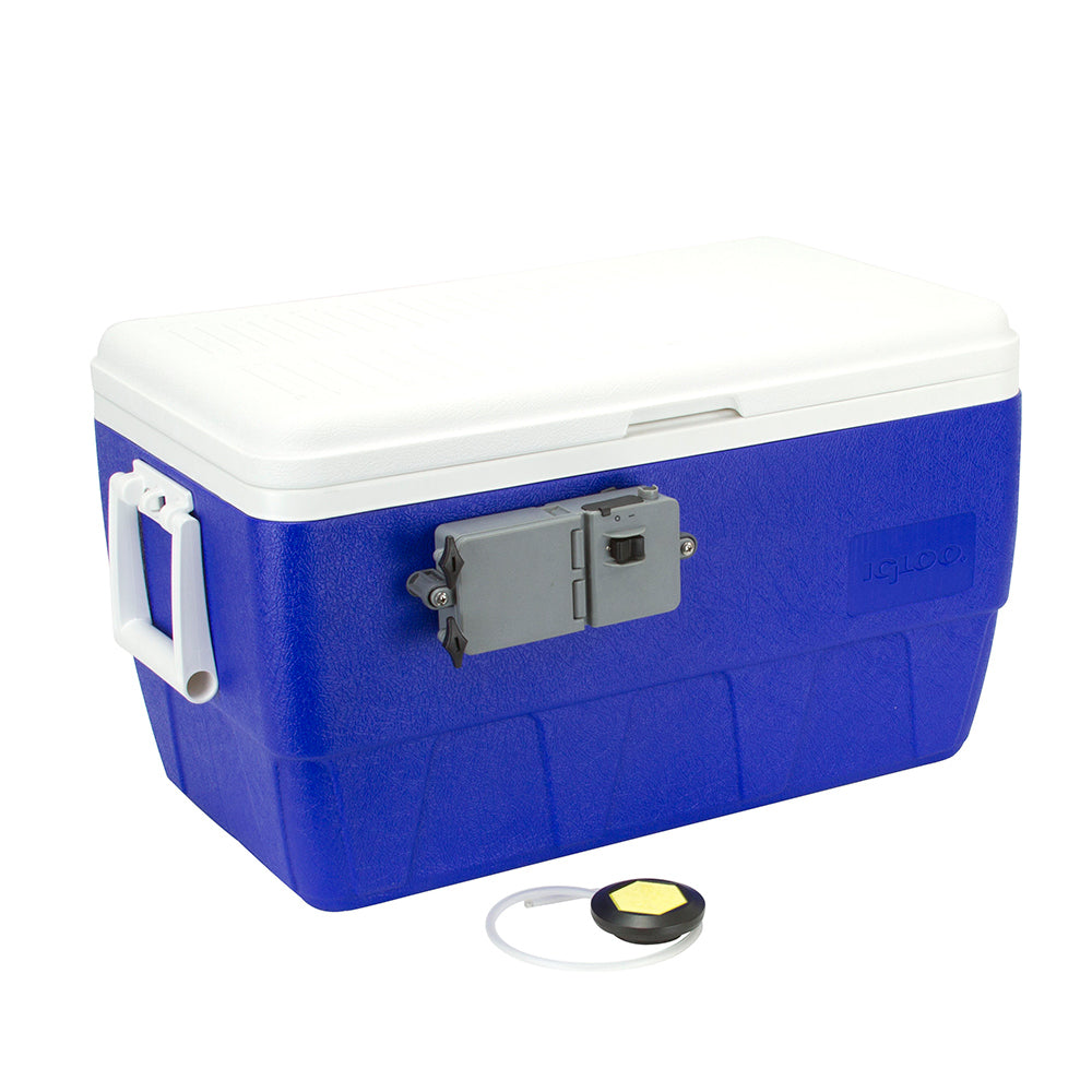 Frabill cooler with saltwater aeration system, featuring vents and control panel for optimal fish preservation and cooling.