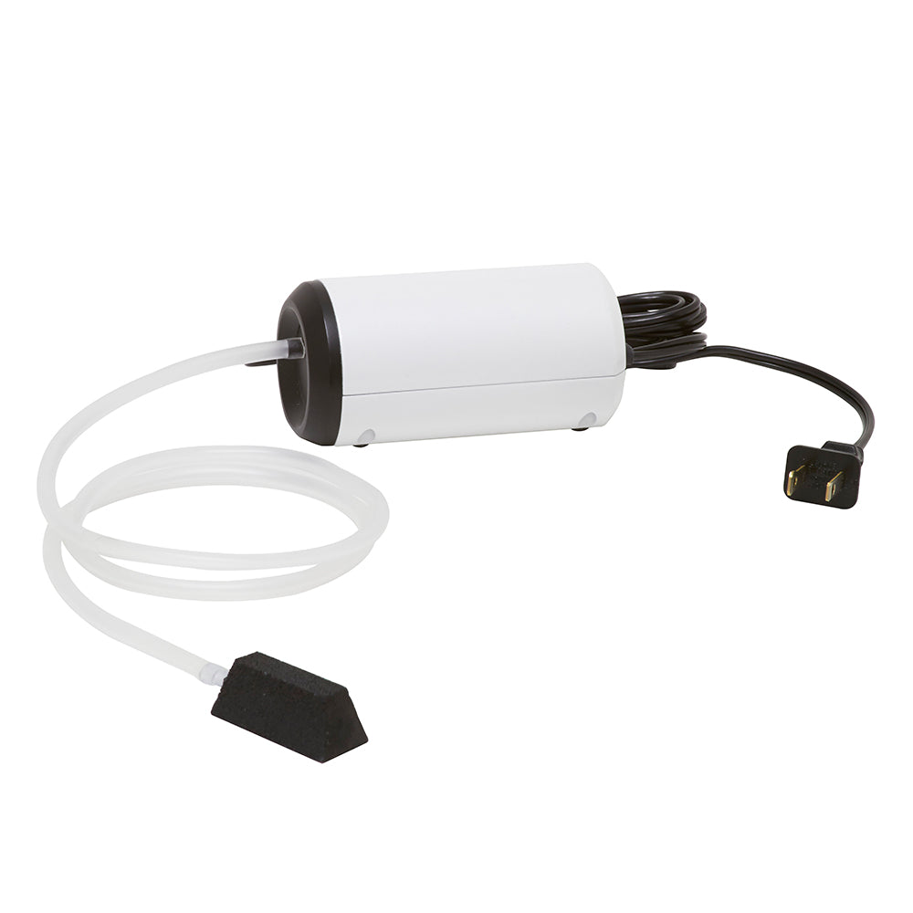 Frabill Aqua-Life single output 110V aerator pump for livewells, showing the compact, durable livewell pump with power cord.