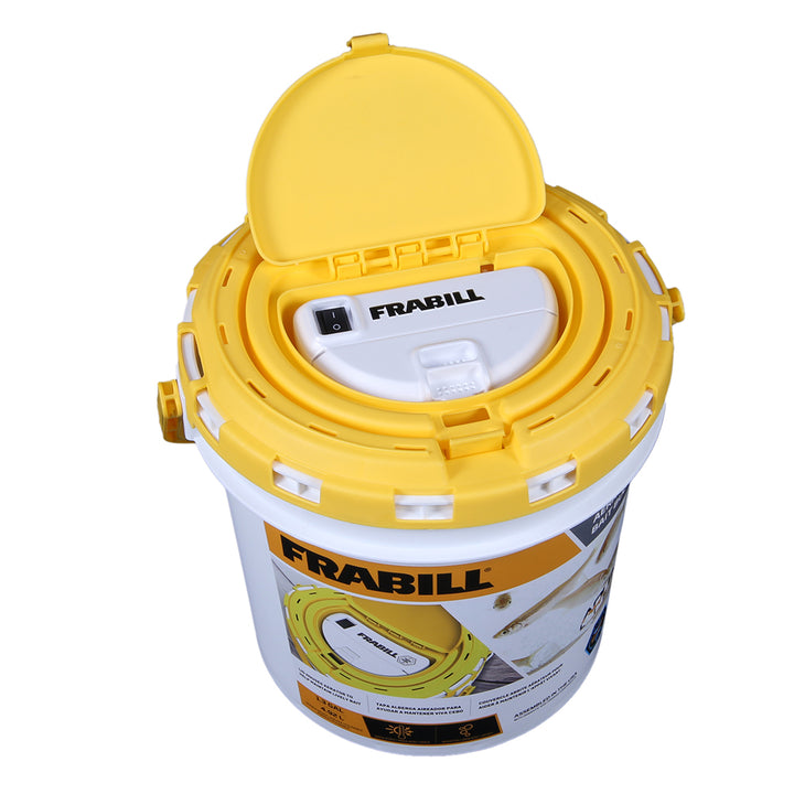 Frabill Dual Fish Bait Bucket with built-in aerator for livewell pumping, designed for fresh bait storage and aeration.