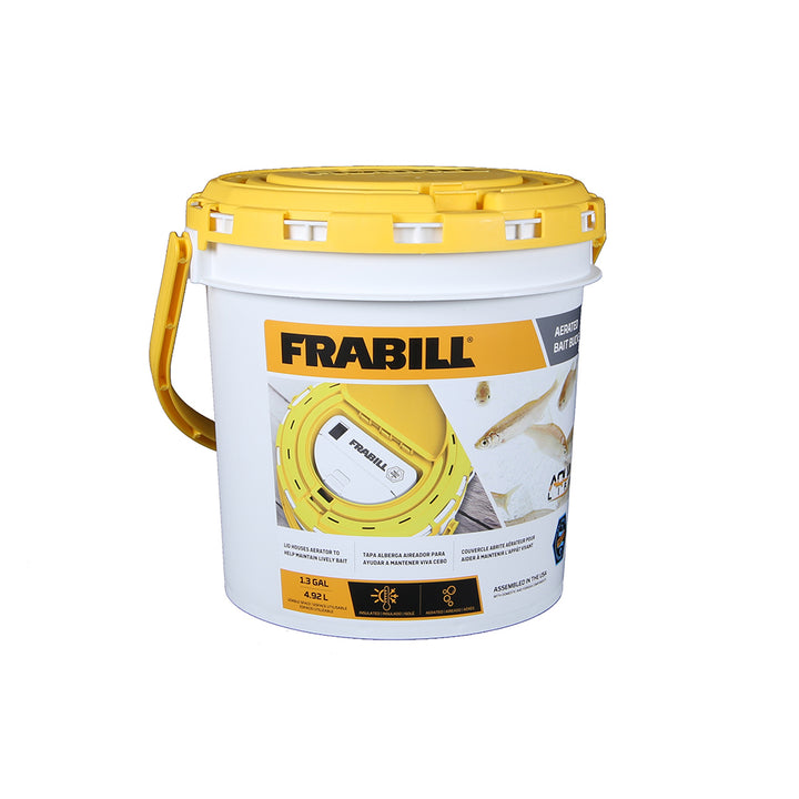 Frabill dual fish bait bucket with built-in aerator for livewell pumps, featuring a clear container and aeration system for fresh bait.