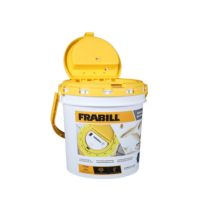 Frabill dual fish bait bucket with built-in aerator for livewell pumping, designed for fresh bait storage and aeration.