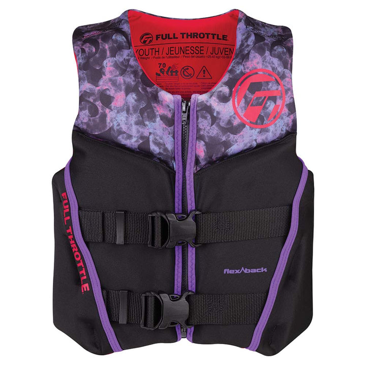 Full Throttle youth rapid-dry flex-back life jacket in pink and black, featuring adjustable straps and secure safety buckles.