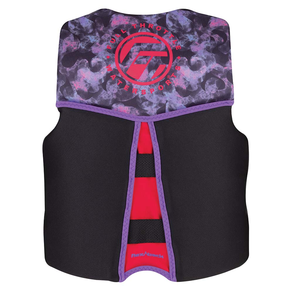 Full Throttle youth life vest in pink and black featuring a rapid-dry, flexible back design, suitable for water safety.