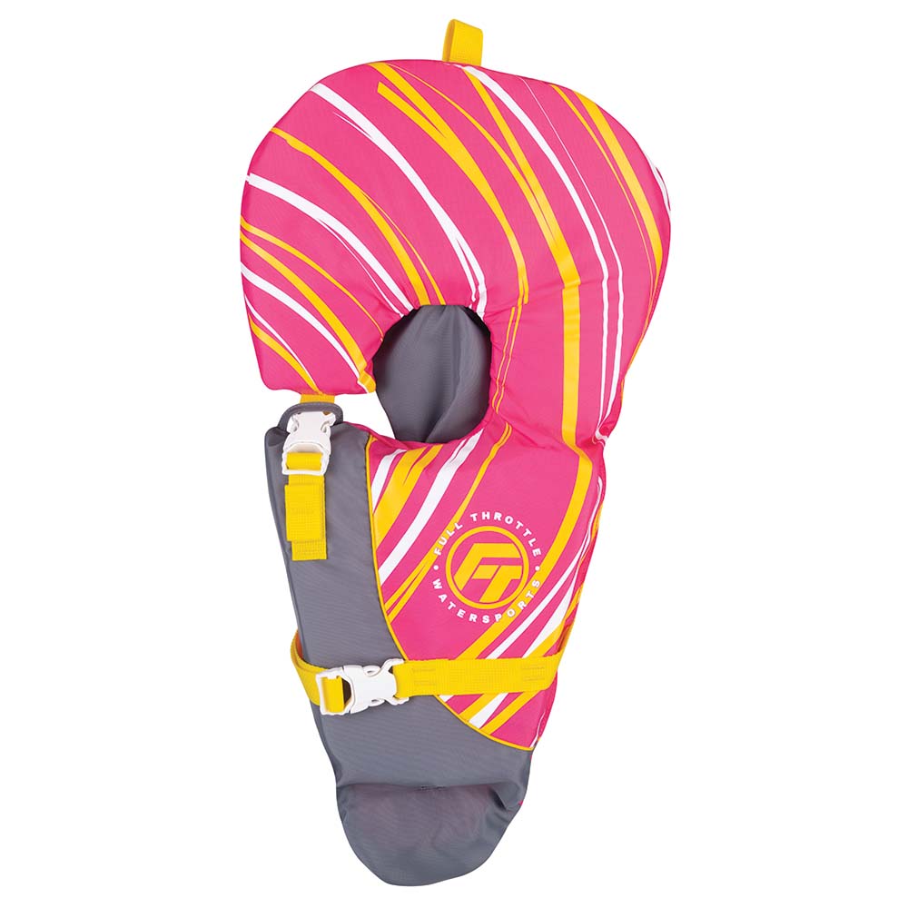 Pink Full Throttle baby-safe life vest for infants up to 30lbs, designed for personal flotation and water safety.