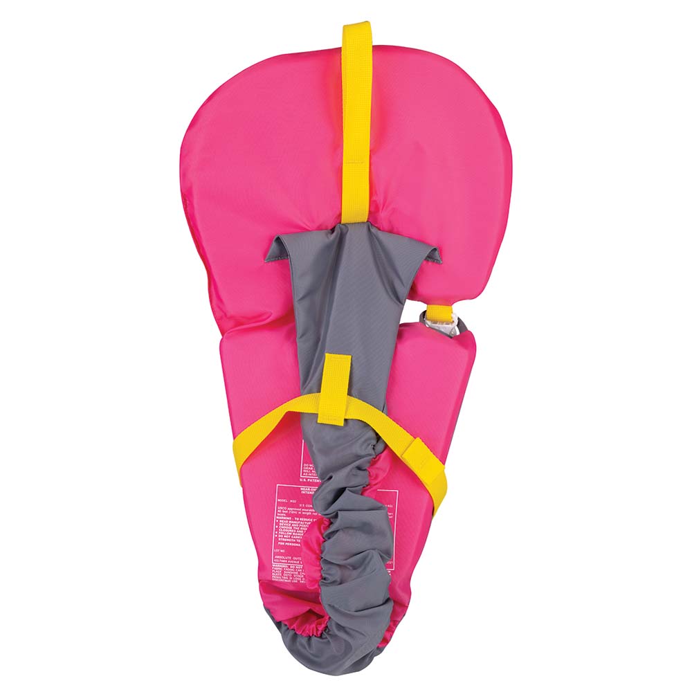 Pink Full Throttle baby-safe life vest for infants up to 30lbs, personal flotation device with adjustable straps and safety features.