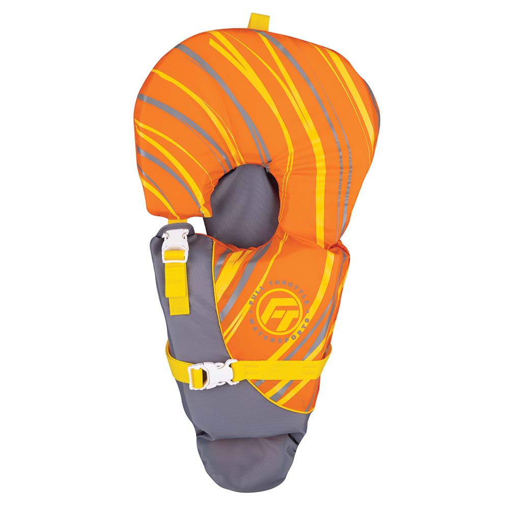 Full Throttle Baby-Safe Vest for infants up to 30lbs, orange and grey personal flotation device with secure straps.
