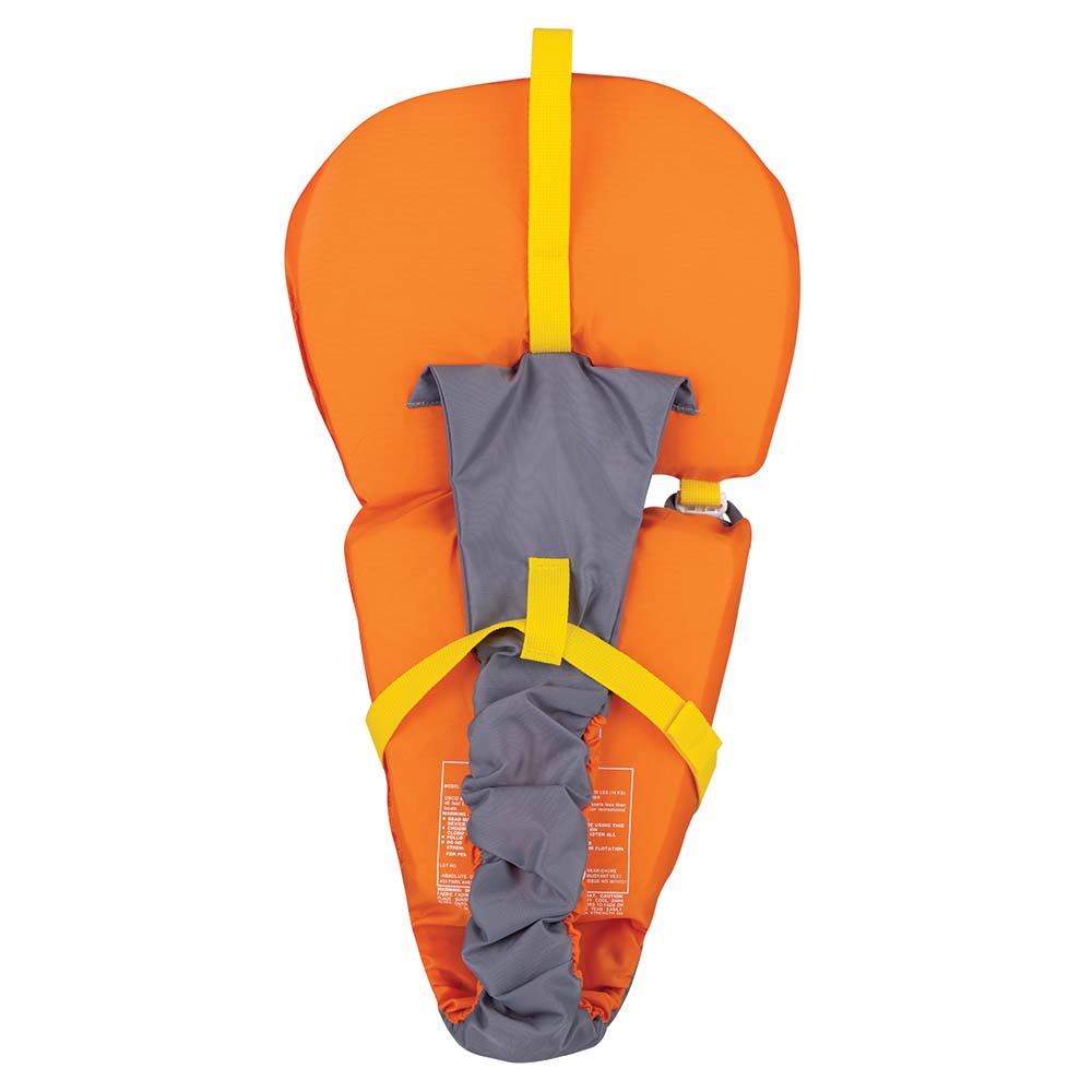 Full Throttle Baby-Safe Vest in orange and grey, infant personal flotation device for children up to 30 lbs, with secure straps.
