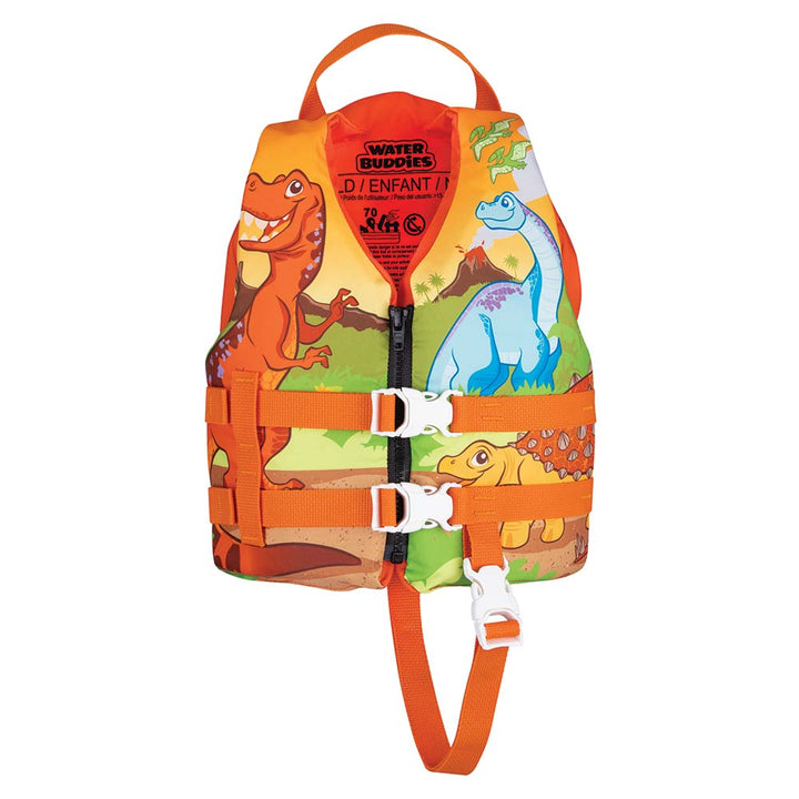 Full Throttle Water Buddies life vest for children 30-50lbs featuring colorful dinosaur design, personal flotation device for kids.