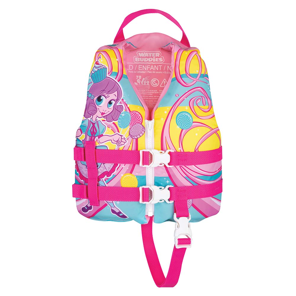 Full Throttle Water Buddies Princess life vest for children 30-50lbs, personal flotation device with colorful princess design.