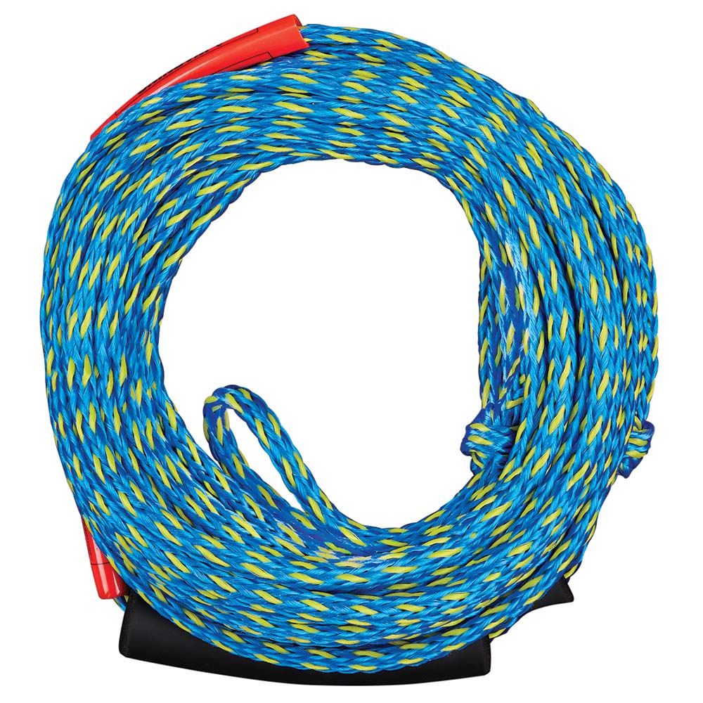 Full Throttle 2 Rider Tow Rope in blue and yellow, durable towable rope designed for water sports and watercraft towing.