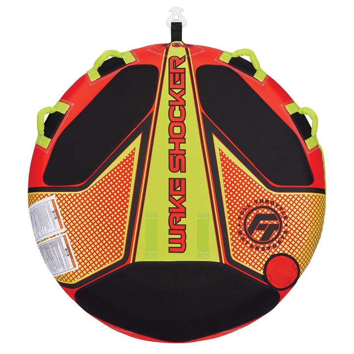 Full Throttle Wake Shocker towable tube for 2 riders, bright red inflatable water toy designed for fun on the water.