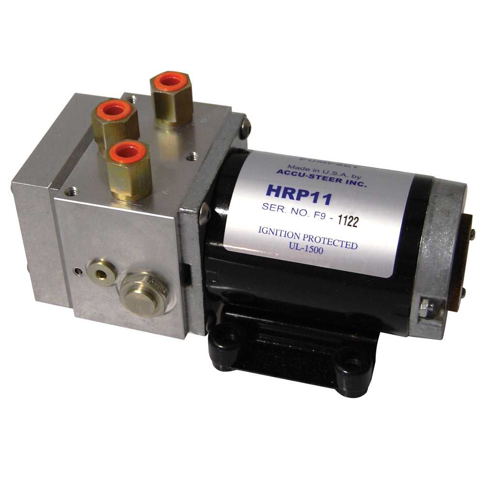 Furuno HRP11-12 autopilot pump for marine autopilots, shown in a detailed view with hydraulic components and fittings.