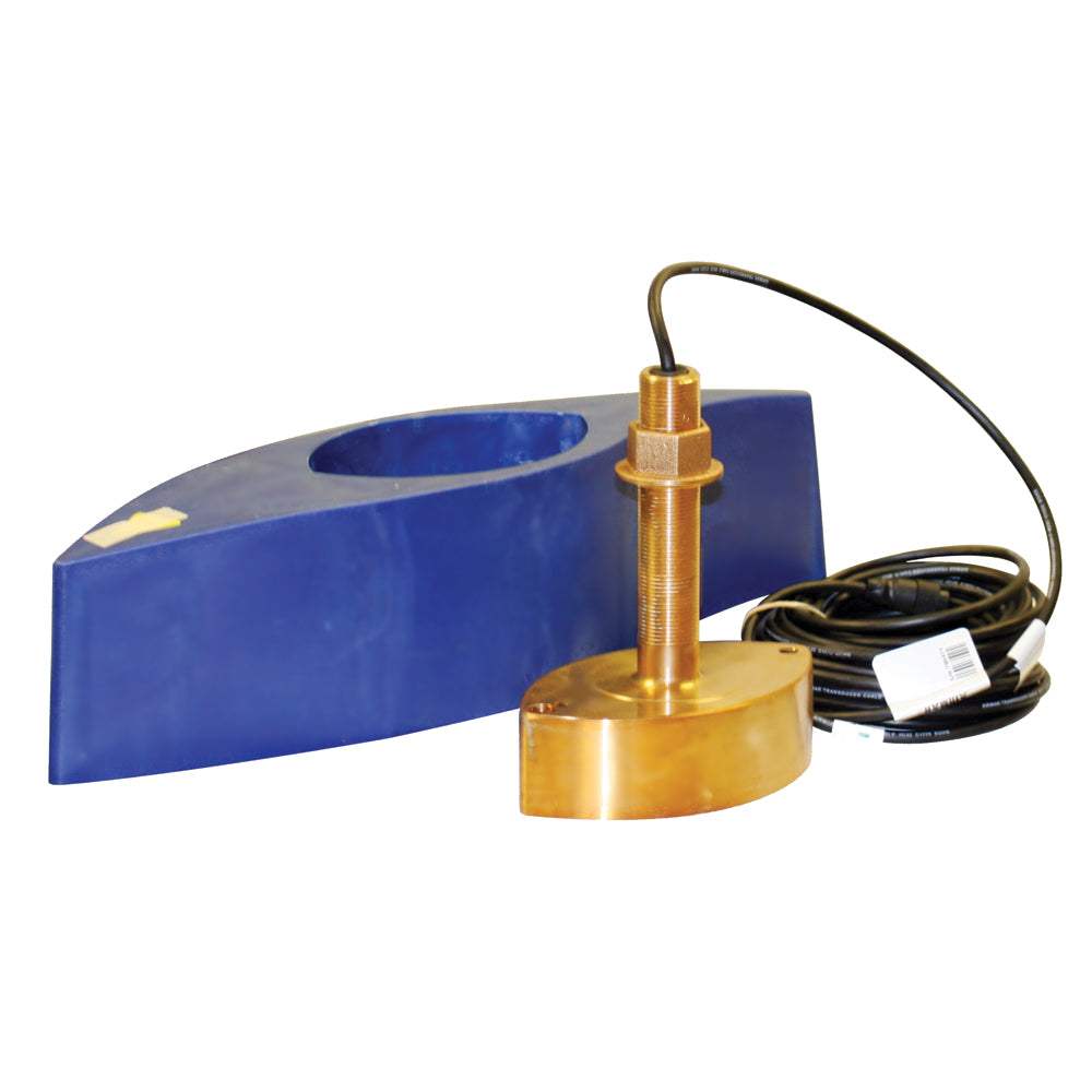 Furuno 1kW bronze thru-hull transducer with temperature sensor and high-speed fairing block for marine navigation.