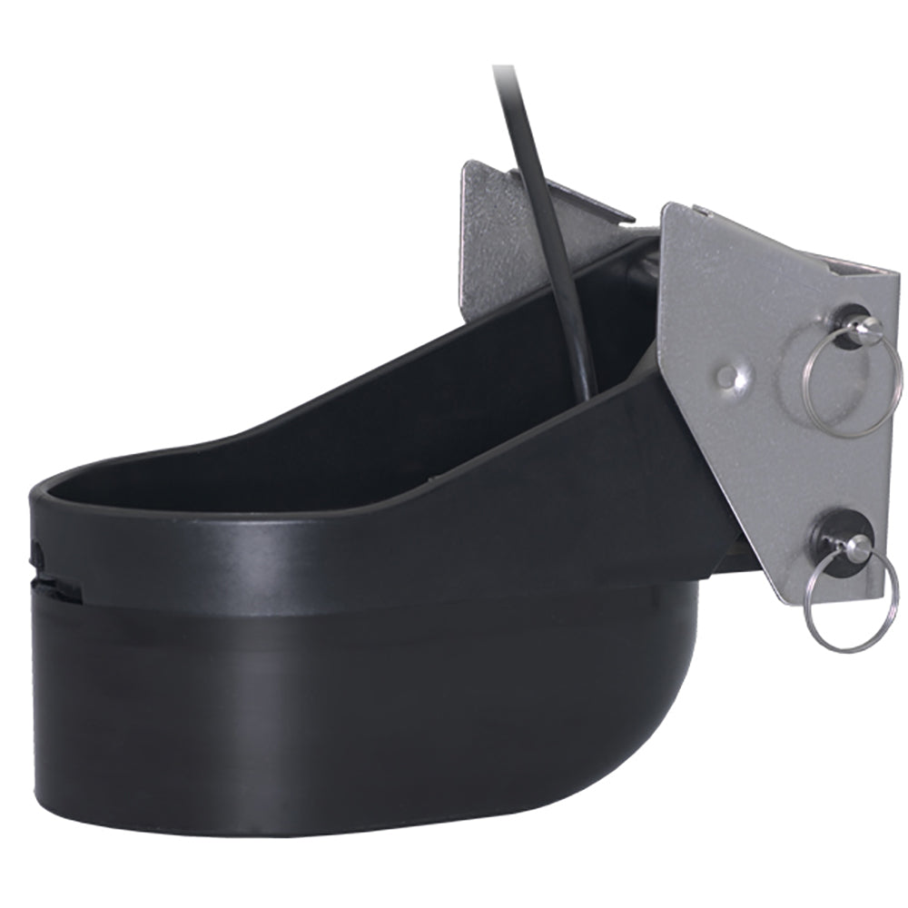 Furuno TM185M medium-frequency CHIRP transducer with temperature sensor, urethane transom mount, stainless bracket for marine use.