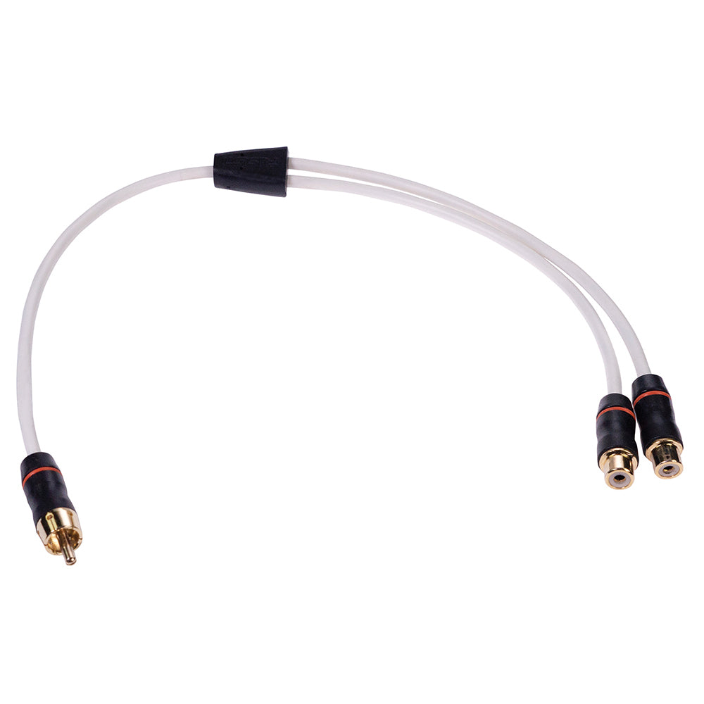 Fusion Performance RCA cable splitter with 1 male and 2 female connectors, designed for audio and video signal distribution.