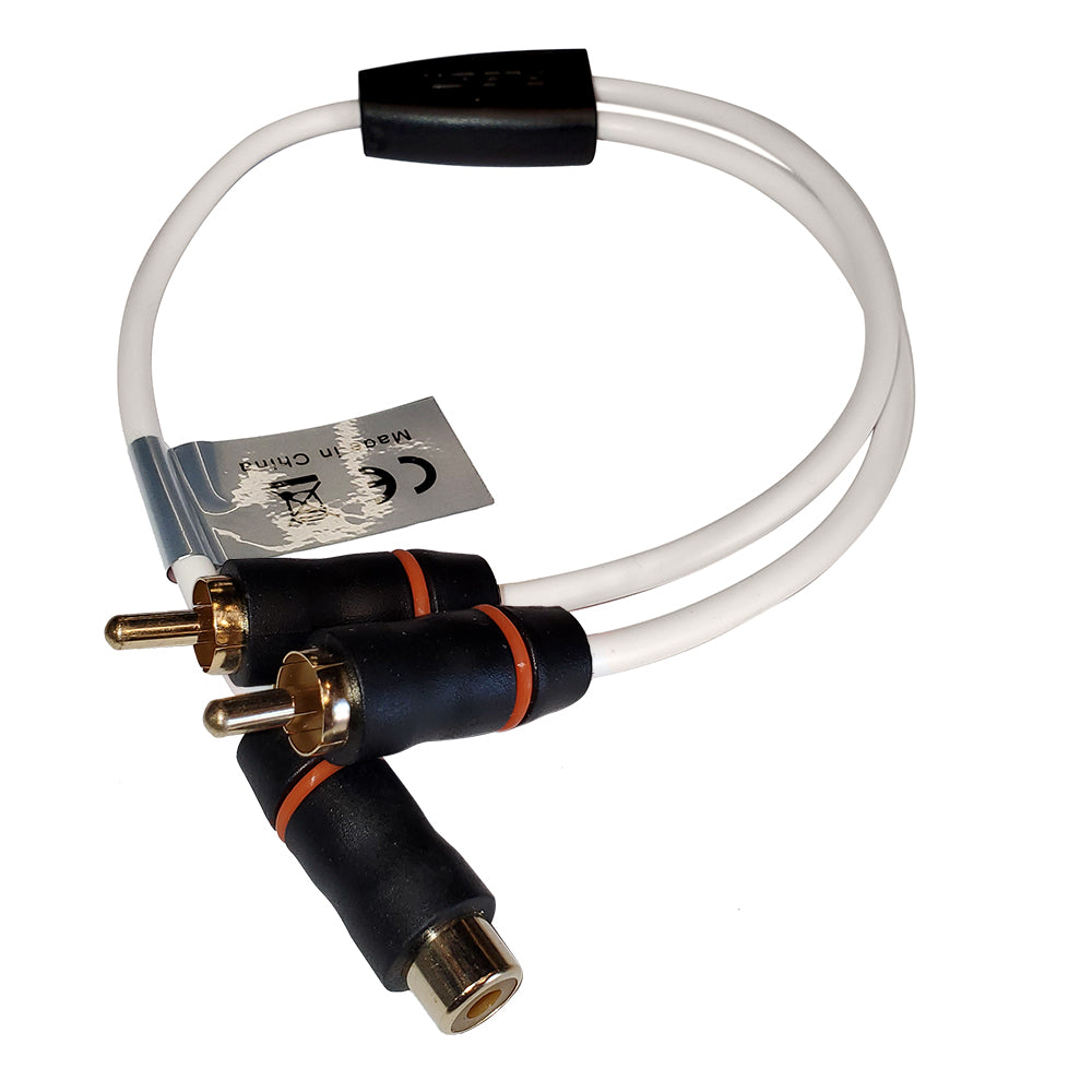 Fusion RCA Cable Splitter with 1 female input and 2 male outputs, used for audio and video signal splitting.