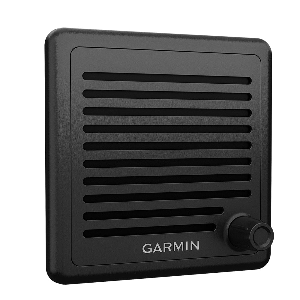 Garmin Active Speaker accessory with compact design, featuring speaker grille and connection ports, compatible with Garmin devices.