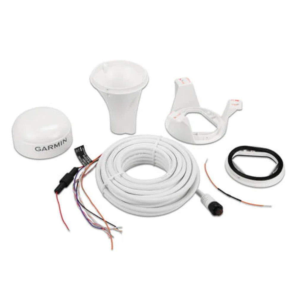 Garmin GPS 24xd HVS GPS antenna with heading sensor and NMEA 0183 connector, shown with mounting hardware and cables.