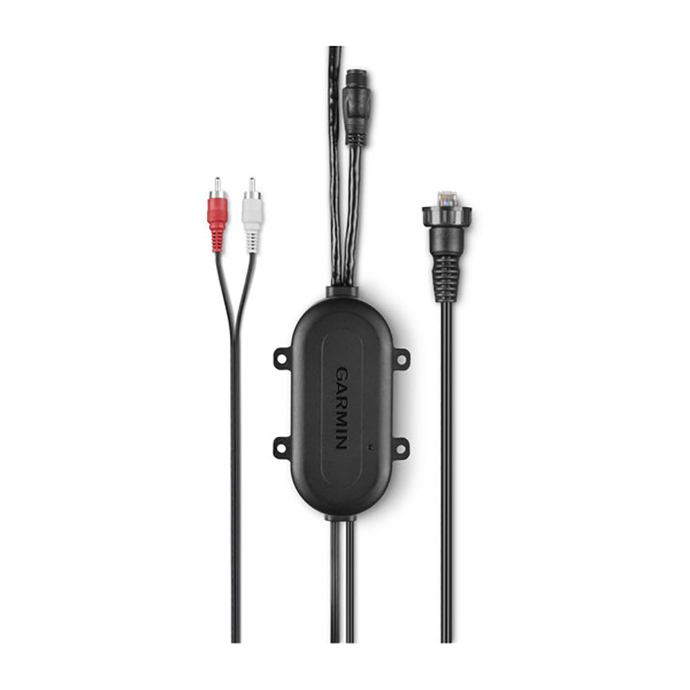 Garmin Power Audio Module for GXM 53 and GXM 54 marine radio accessories, includes audio connection ports and branding.