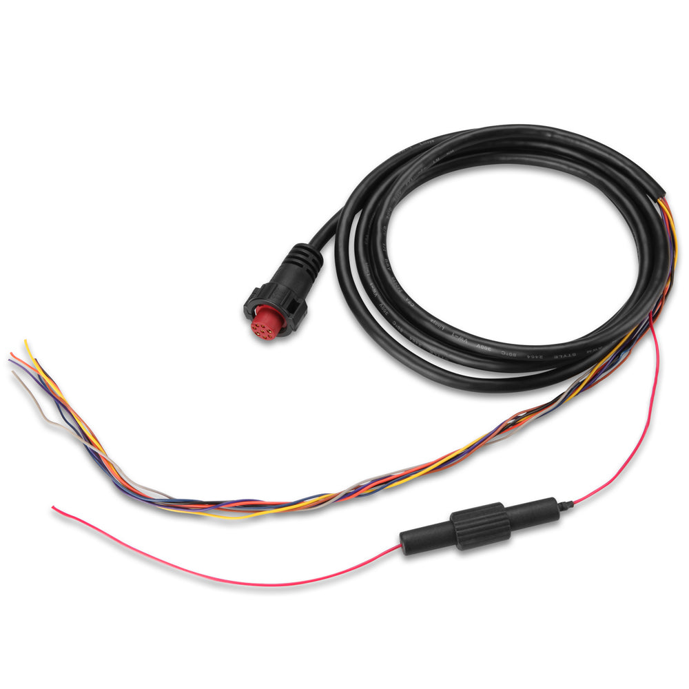 Garmin 8-pin power cable for accessories, showing a black Garmin-branded cable with connectors for electronic devices.