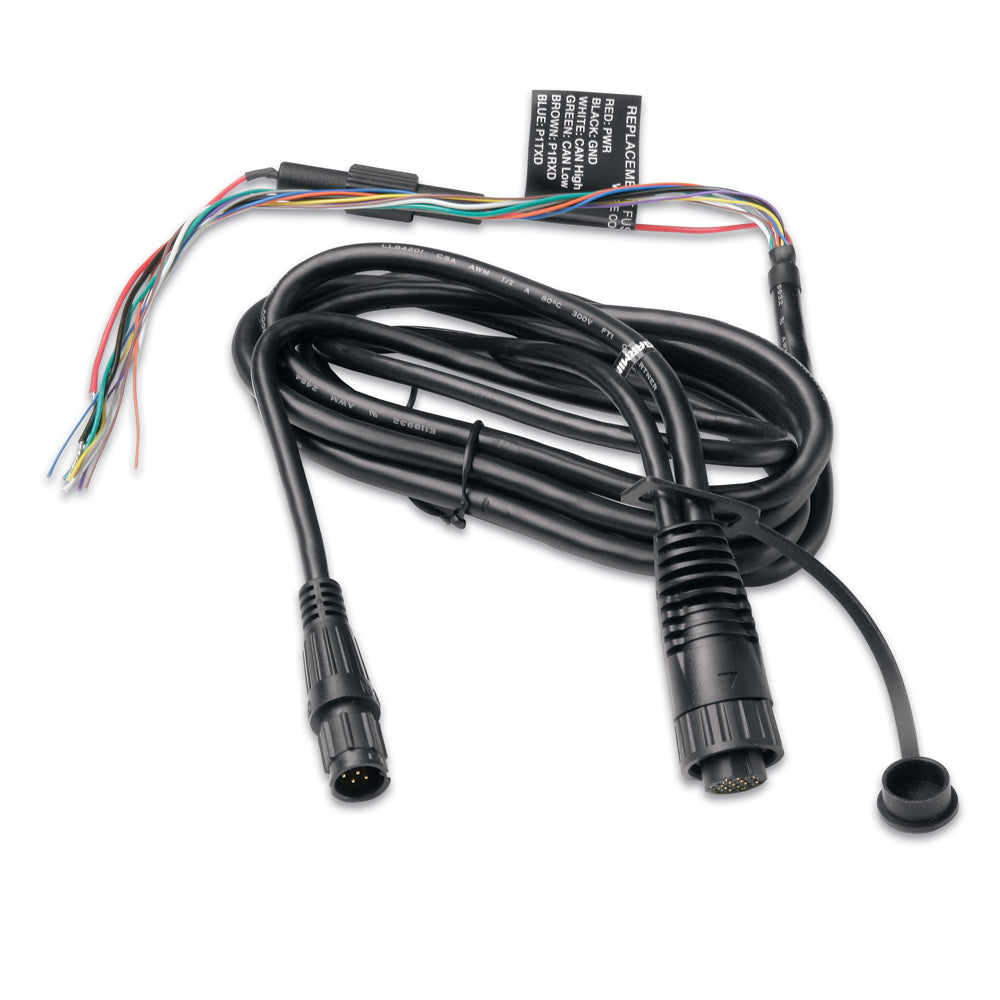 Garmin power and data cable for Fishfinder 300C, 400C, GPSMAP 400, 500 series accessories with connecting ports.