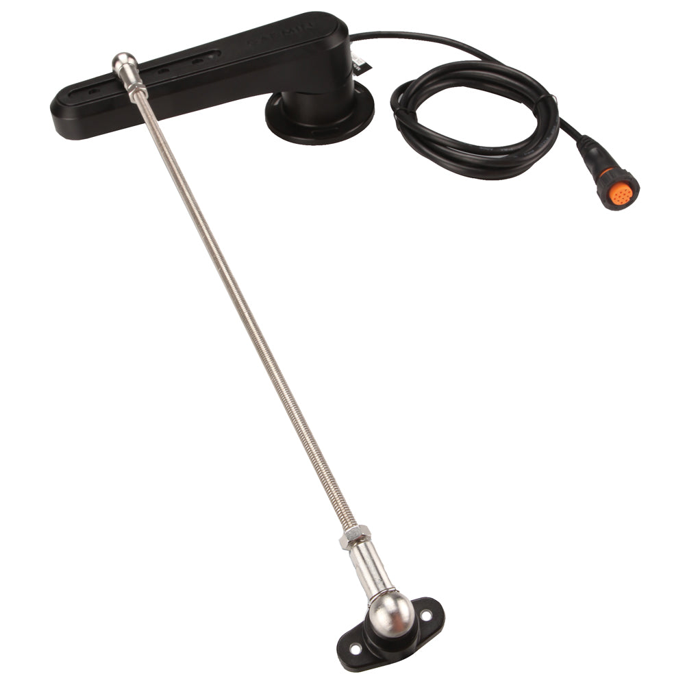 Garmin GRF 10 Rudder Feedback Sensor for autopilots, showing the sensor with mounting hardware on a boat steering system.