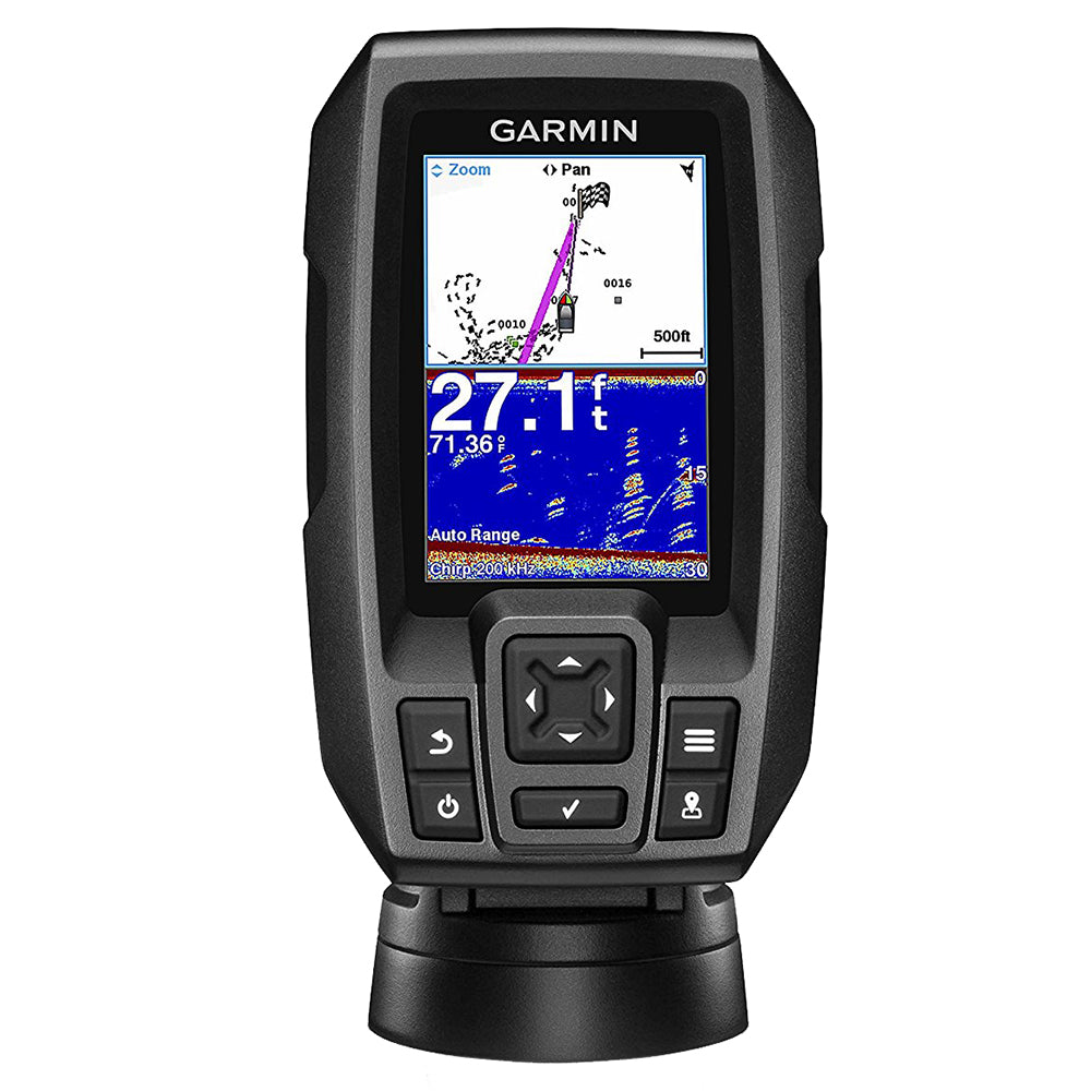 Garmin STRIKER 4 fishfinder showing sonar display with 4-pin 77/200kHz transducer, designed for boat fishing navigation.