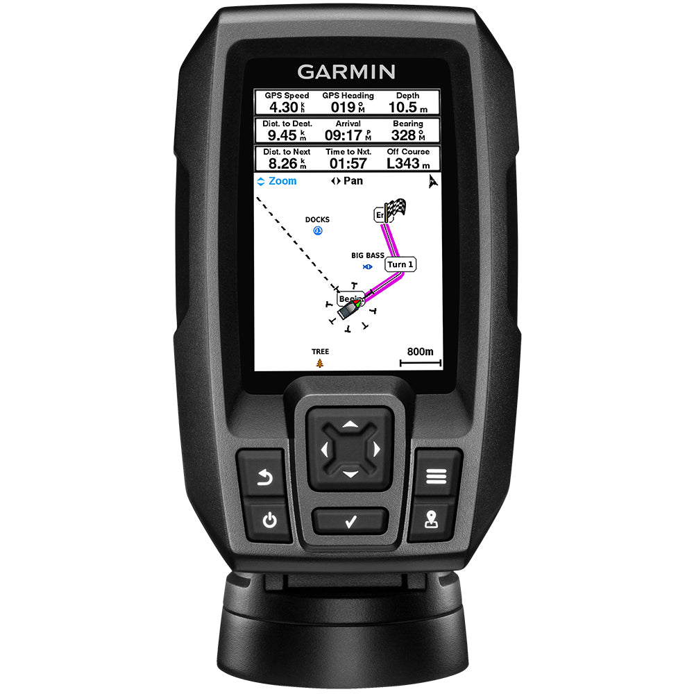 Garmin STRIKER 4 fishfinder with 77/200kHz transducer, transom and trolling motor mounts, displaying underwater sonar image.