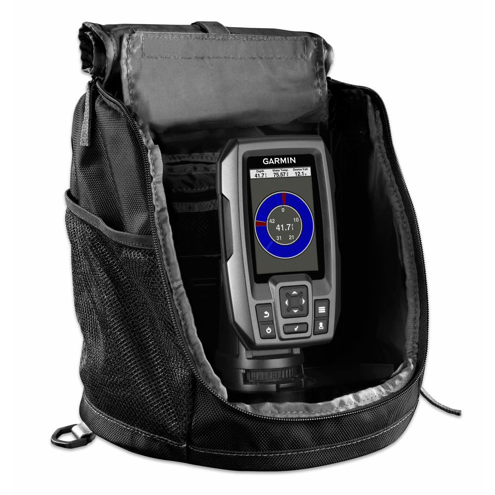 Garmin STRIKER 4 portable fishfinder with 77/200kHz transducer, showing screen display with sonar readings.