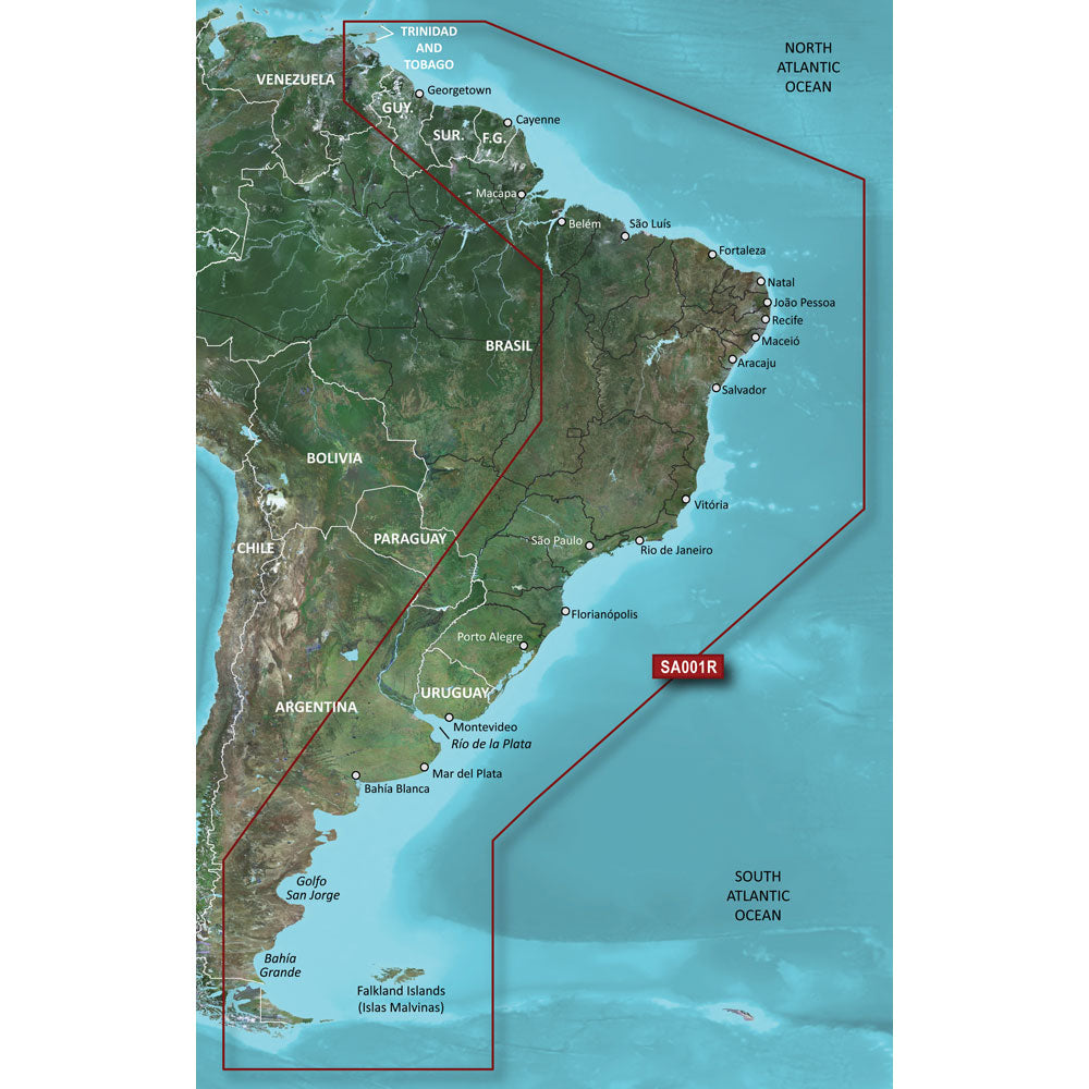 Garmin BlueChart g3 HD HXSA001R South America East Coast nautical chart on microSD card, detailed marine navigation map.