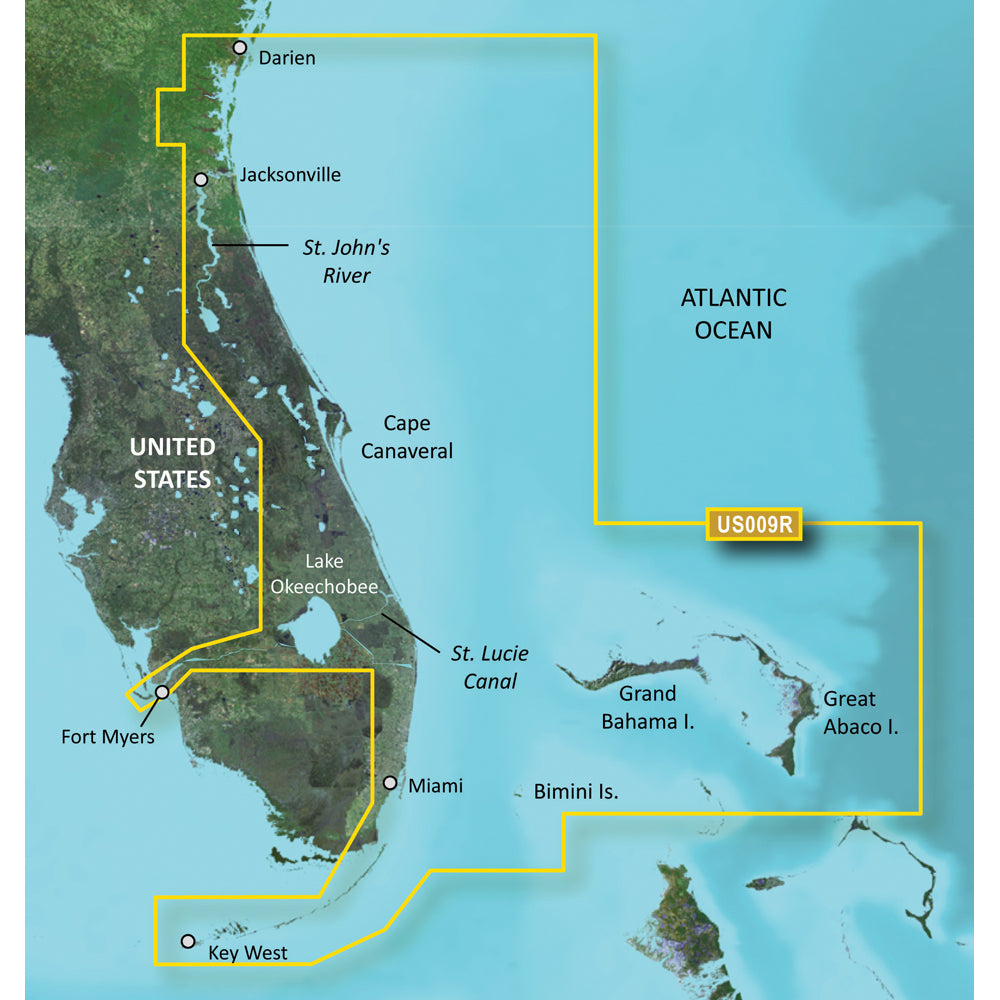Garmin BlueChart g3 Vision HD VUS009R map of Jacksonville to Key West displayed on microSD/SD card for marine navigation.