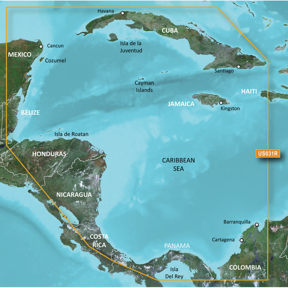 Garmin BlueChart g3 Vision HD VUS031R map for Southwest Caribbean on microSD/SD card, showing detailed marine navigation charts.