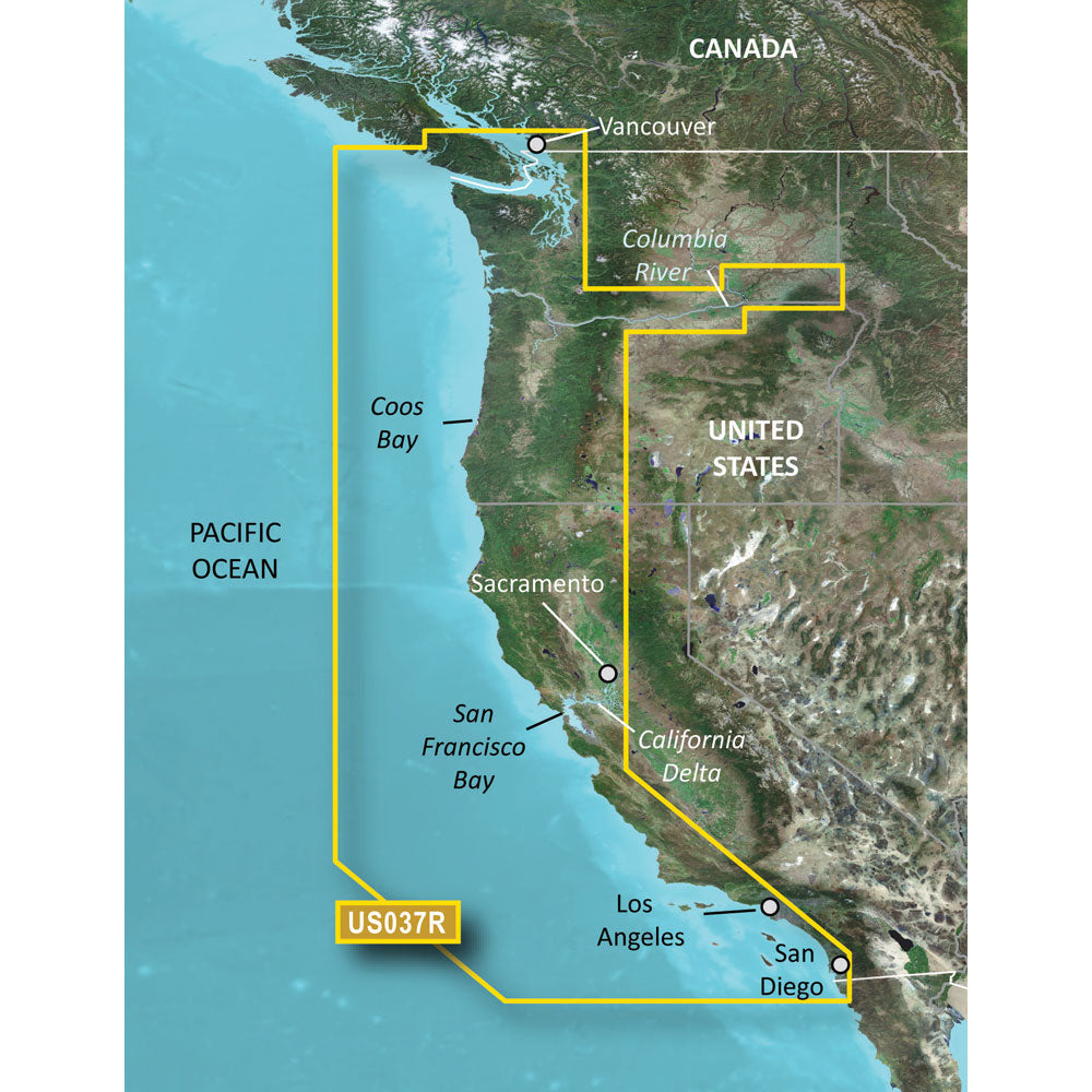 Garmin BlueChart g3 Vision HD map for Vancouver to San Diego, displayed on microSD/SD card, with detailed nautical chart details.