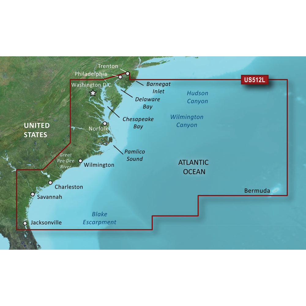Garmin BlueChart g3 Vision HD VUS512L chart for Mid-Atlantic region displayed on microSD/SD card, showing detailed nautical mapping.