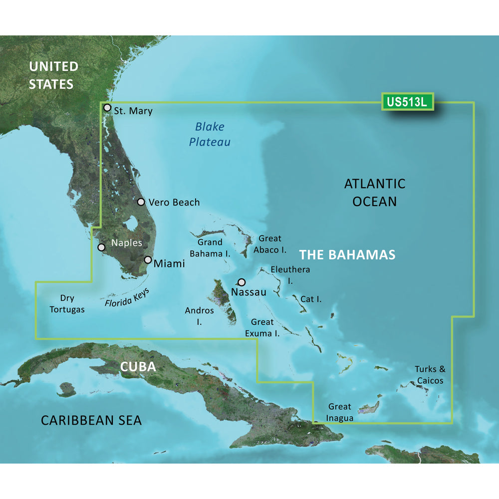 Garmin BlueChart g3 Vision HD VUS513L map of Jacksonville to Bahamas on microSD/SD card, detailed marine navigation chart.