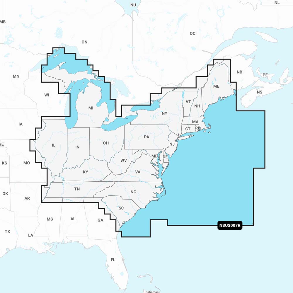 Garmin Navionics+ U.S. East nautical chart map displayed on a device screen, showing detailed marine navigation data.