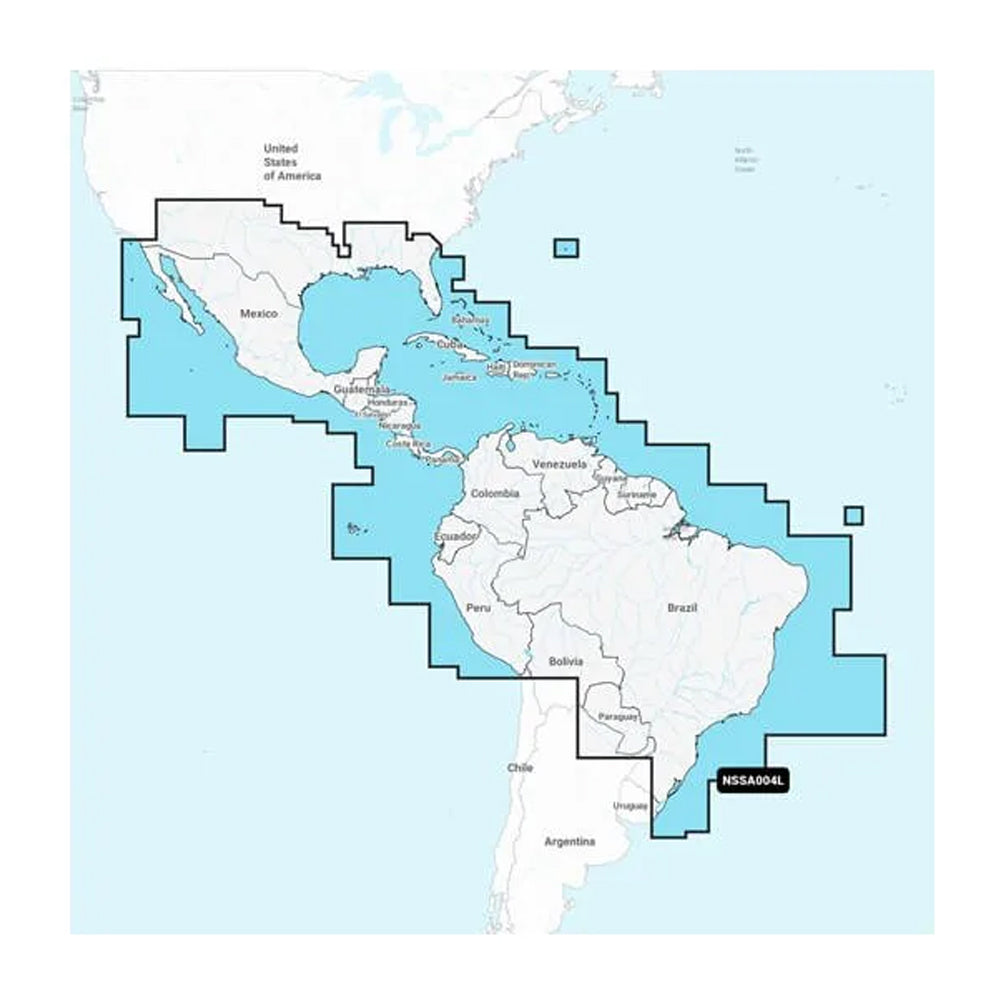 Garmin Navionics+ marine chart for Mexico, Caribbean to Brazil showing inland and coastal navigation details.