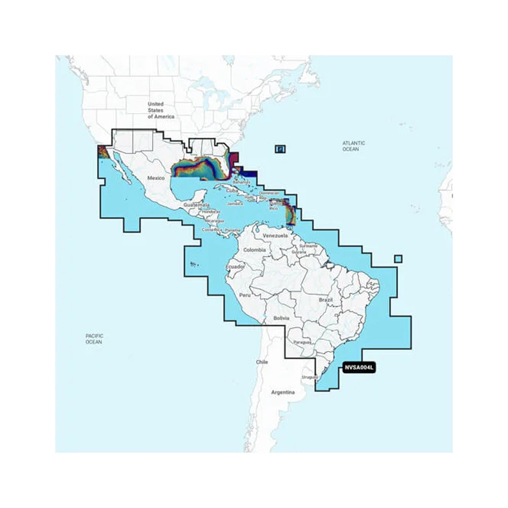 Garmin Navionics Vision+ NVSA004L marine charts map for Mexico, Caribbean, and Brazil showing inland and coastal navigation details.