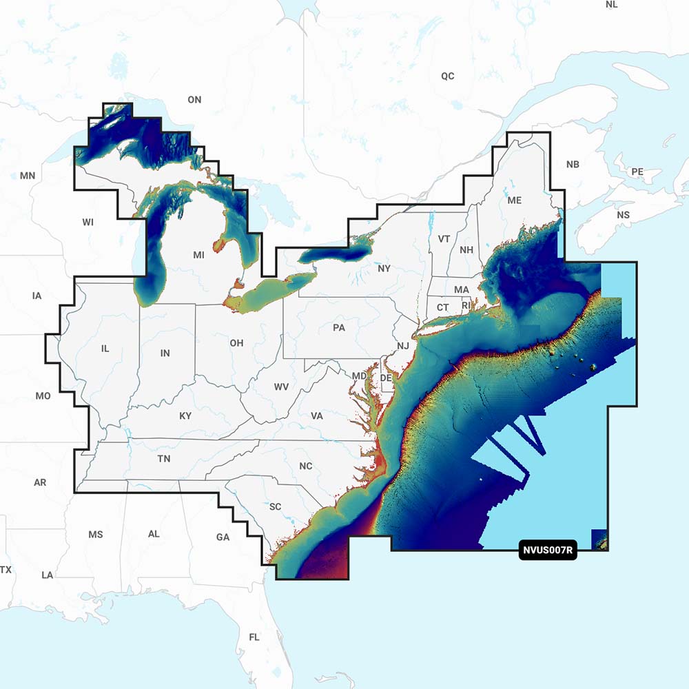 Garmin Navionics Vision+ marine navigation chart display for U.S. East region showing detailed coastal and inland waterways