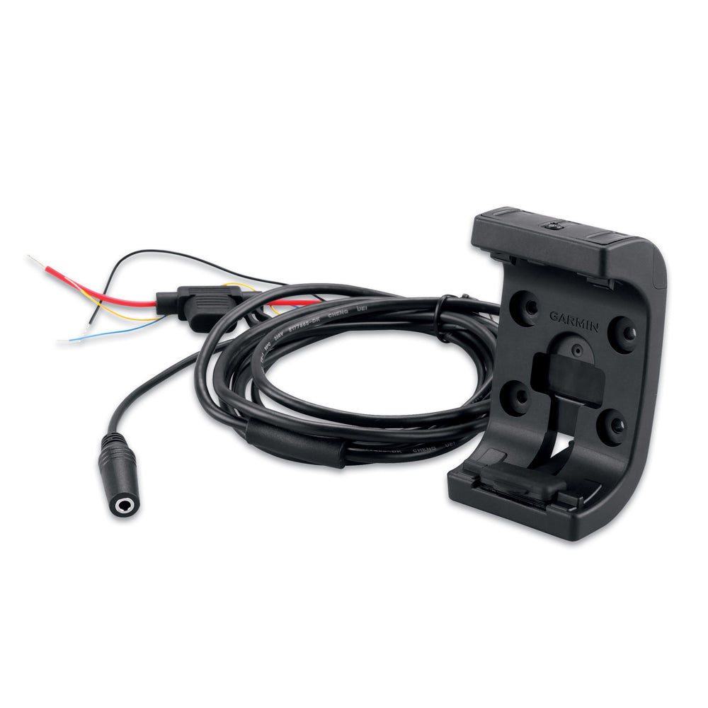 Garmin AMPS rugged mount with audio and power cable for Montana GPS series, showing durable mounting hardware and connection ports.