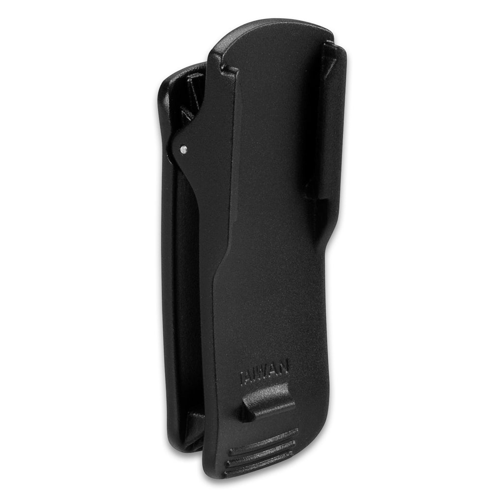 Garmin belt clip accessory for eTrex 10, 20, 30 and GPSMAP 64 series GPS devices, shown attached to a Garmin GPS unit.