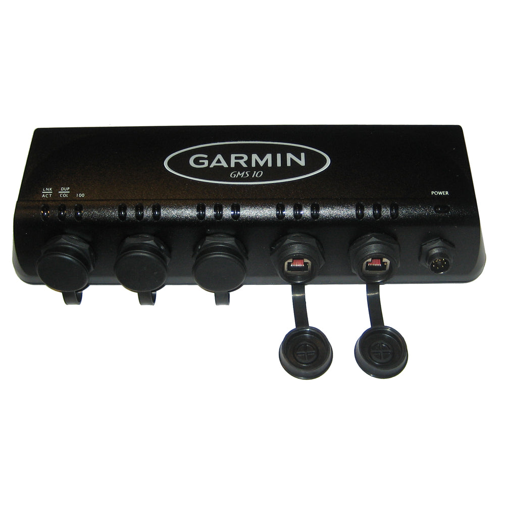 Garmin GMS 10 Network Port Expander connected to network cables and modules for enhanced connectivity and data management.