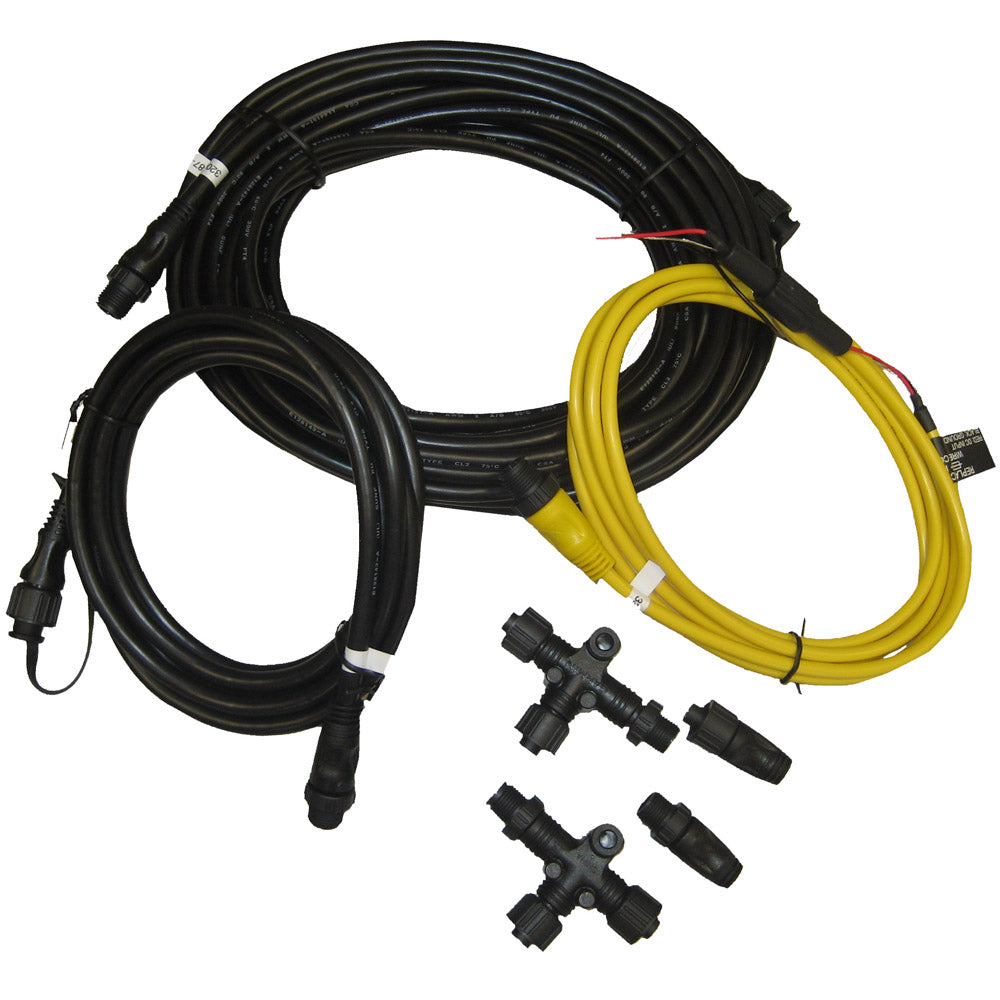 Garmin NMEA 2000 Starter Kit with cables and sensors for marine navigation and communication systems.