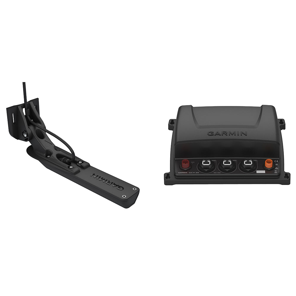 Garmin GCV 20 Ultra HD scanning sonar black box with GT34UHD-TM transom mount transducer for marine fish finding and underwater scanning.