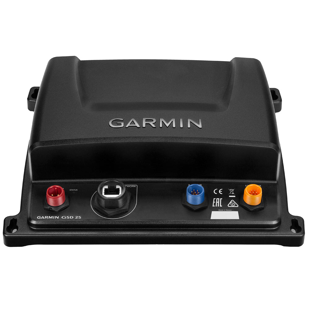 Garmin GSD 25 Premium Sonar Module for sounder and sonar systems, showing device with connection ports and display interface.
