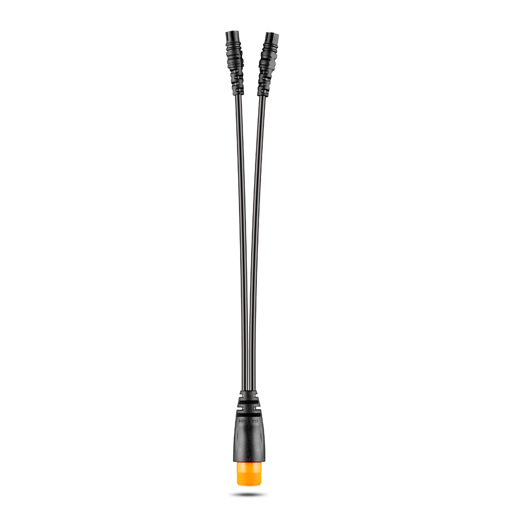 Garmin 12-pin to dual 4-pin transducer Y-cable for marine fishfinder accessories, showing the cable connectors.