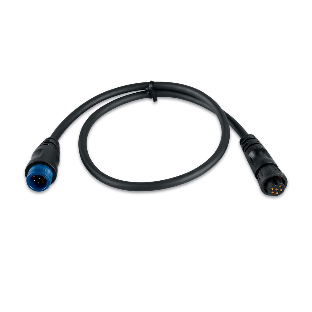 Garmin 6-pin female to 8-pin male transducer adapter for marine electronics and fishfinder connections.