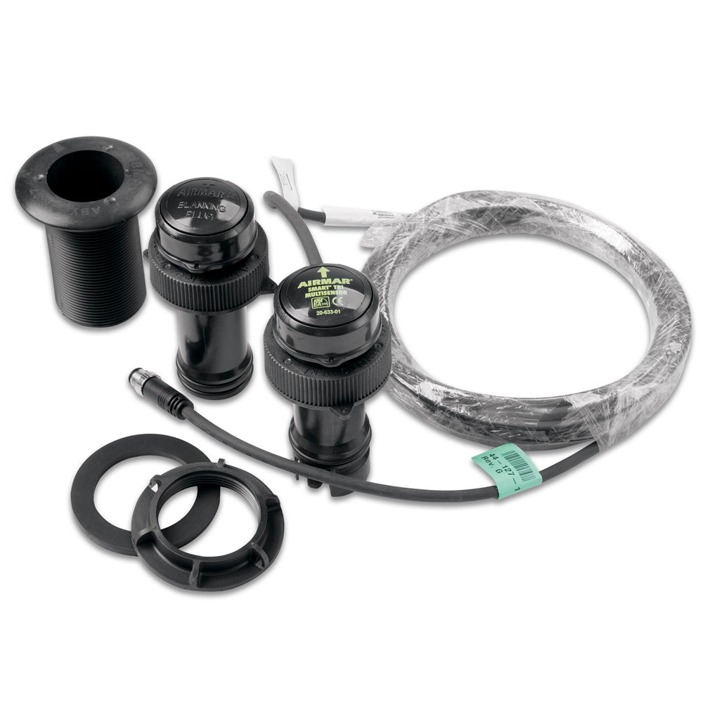 Garmin Airmar Smart Sensor transducer measuring depth and temperature, tilted at 20 degrees, for NMEA 2000 marine systems.